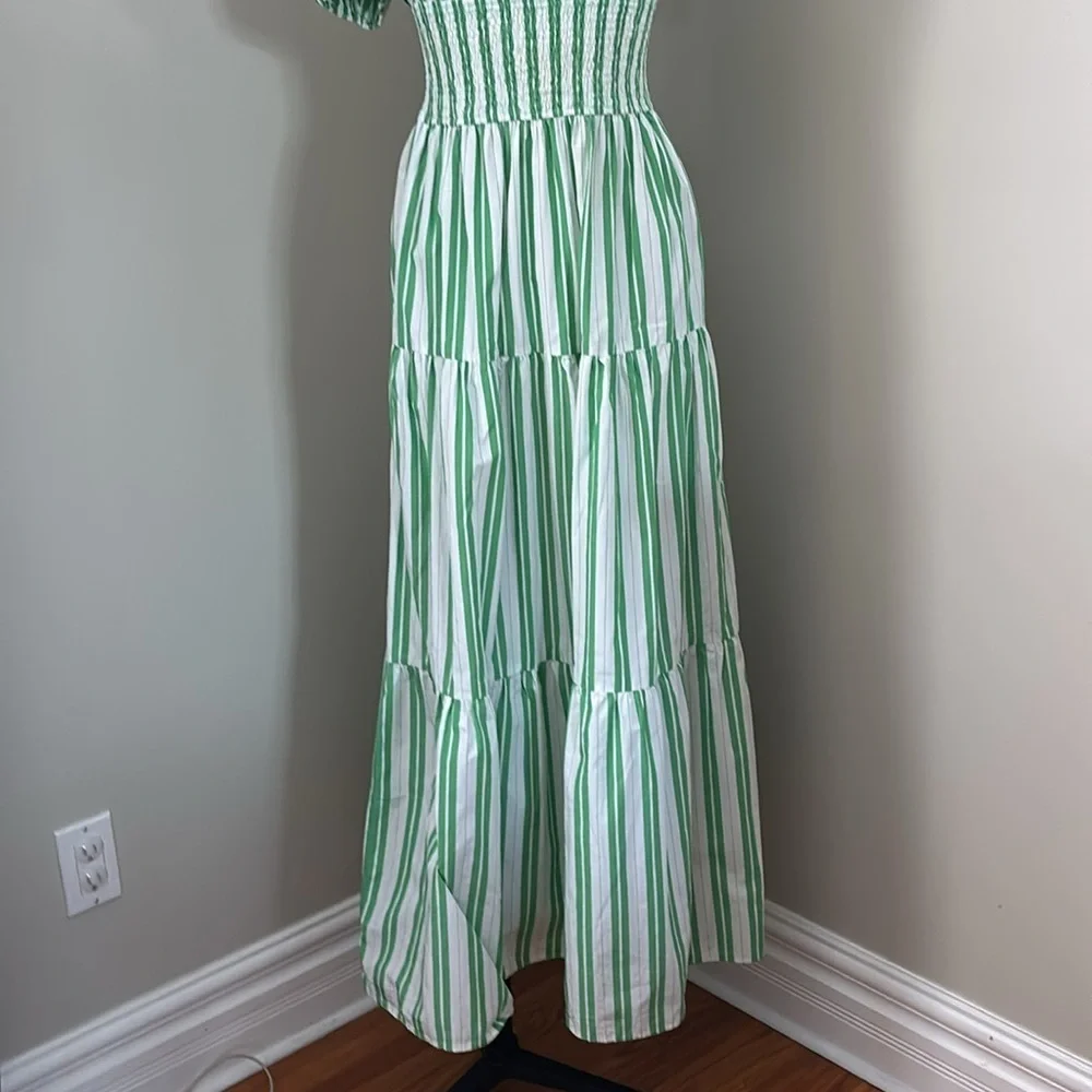 eShakti Wayward Fancies Off-theshoulder Stripe Cotton Poplin Smocked Waist Dress - Picture 5 of 11